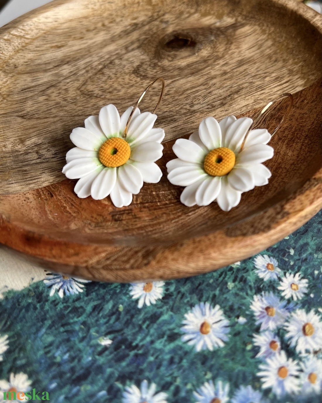 Százszorszép süthető gyurma fülbevaló - ékszer - fülbevaló - lógó fülbevaló - Meska.hu