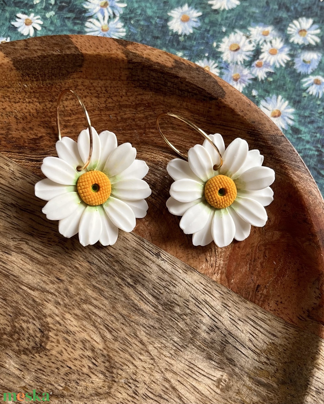 Százszorszép süthető gyurma fülbevaló - ékszer - fülbevaló - lógó fülbevaló - Meska.hu