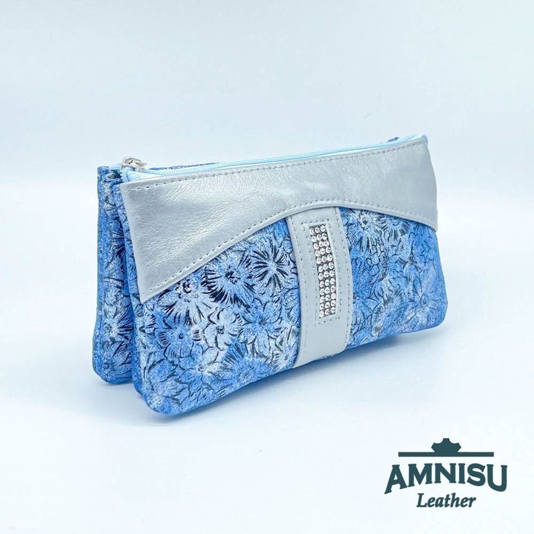 Kék virág mintás - ezüst egyenes kristály köves női pénztárca G6017 - táska & tok - pénztárca & más tok - pénztárca - női pénztárca - Meska.hu