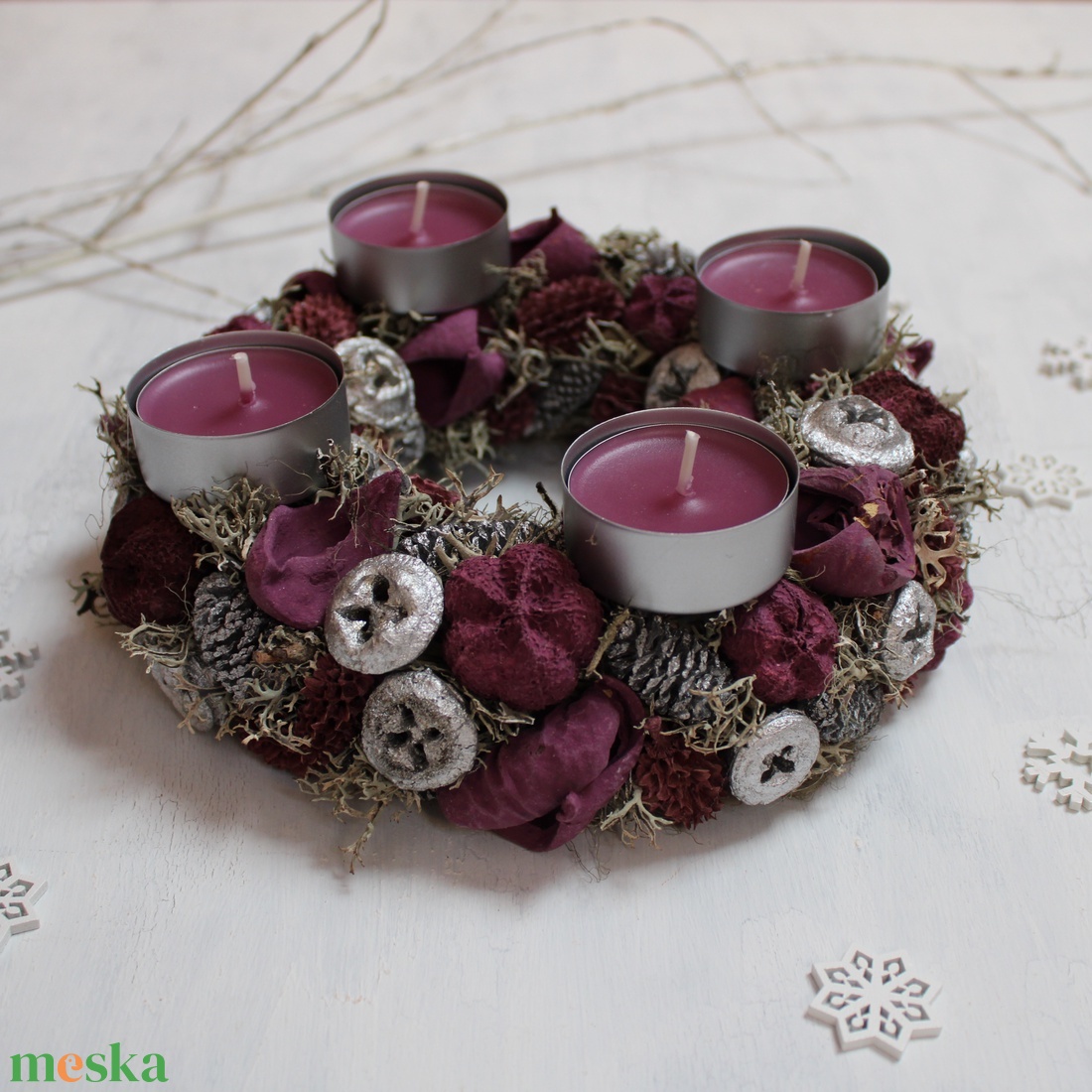 Adventi koszorú mécsesekkel (ezüst-szederlila) - karácsony - adventi díszek - adventi koszorú - Meska.hu Adventi koszorú mécsesekkel (ezüst-szederlila) - karácsony - adventi díszek - adventi koszorú - Meska.hu
