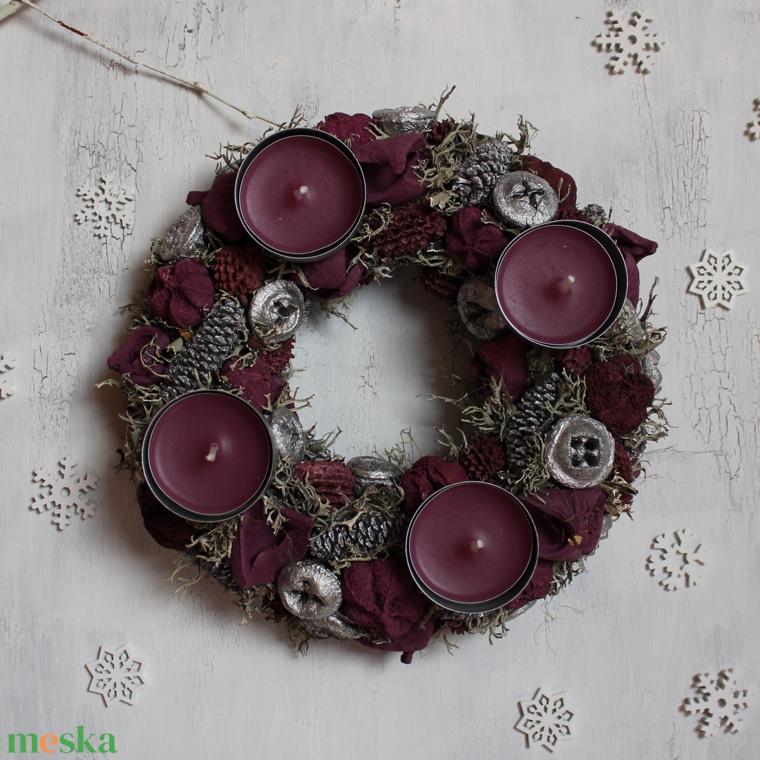 Adventi koszorú mécsesekkel (ezüst-szederlila) - karácsony - adventi díszek - adventi koszorú - Meska.hu Adventi koszorú mécsesekkel (ezüst-szederlila) - karácsony - adventi díszek - adventi koszorú - Meska.hu