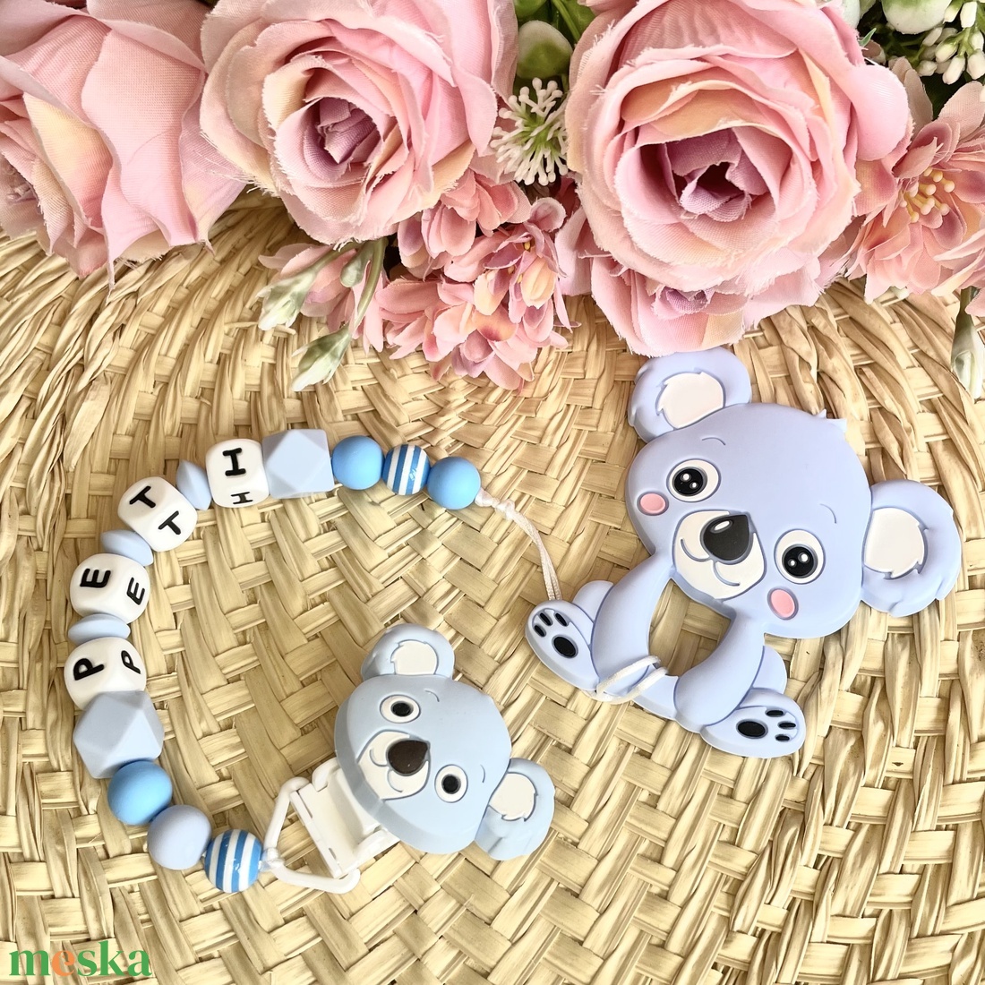 Neves világoskék szilikon koala cumilánc, rágcsalánc - játék & sport - Meska.hu