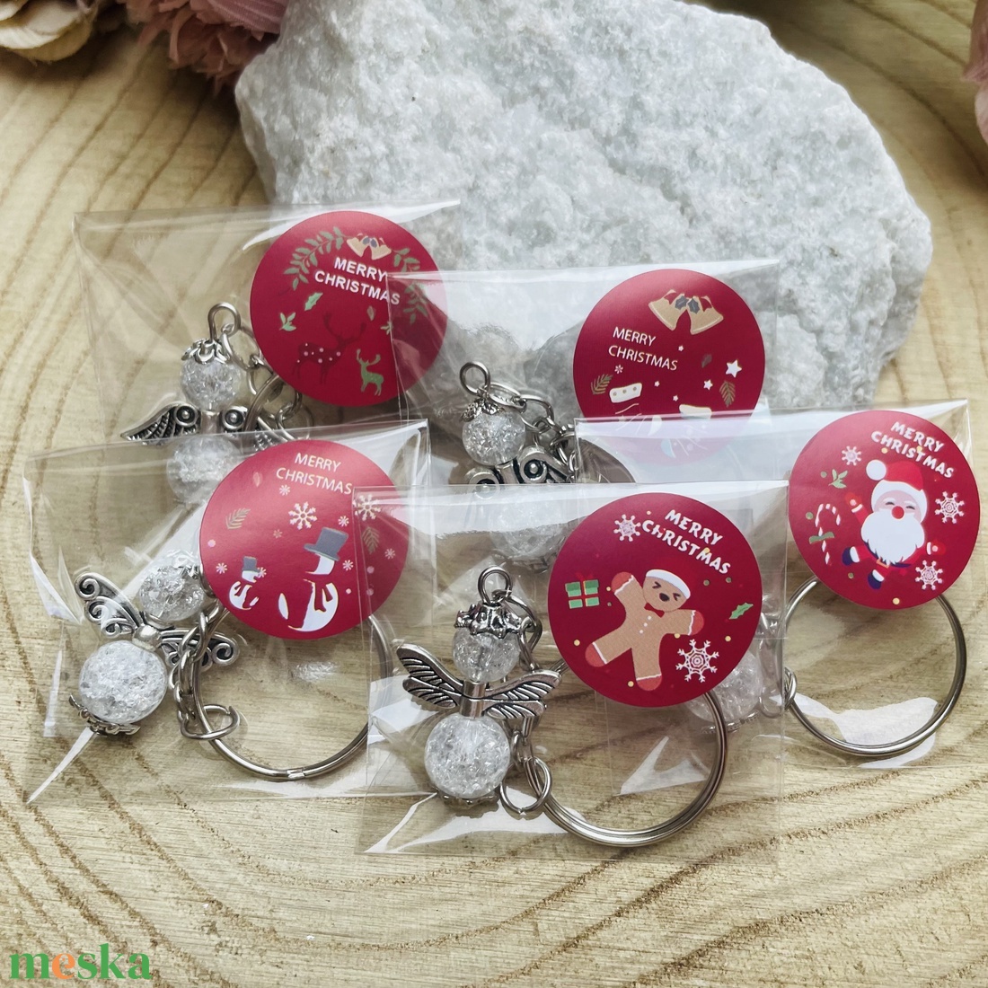 5 darab hegyikristály ásvány angyal kulcstartó celofánba csomagolva karácsonyi jókívánság felirattal  - táska & tok - kulcstartó & táskadísz - kulcstartó - Meska.hu