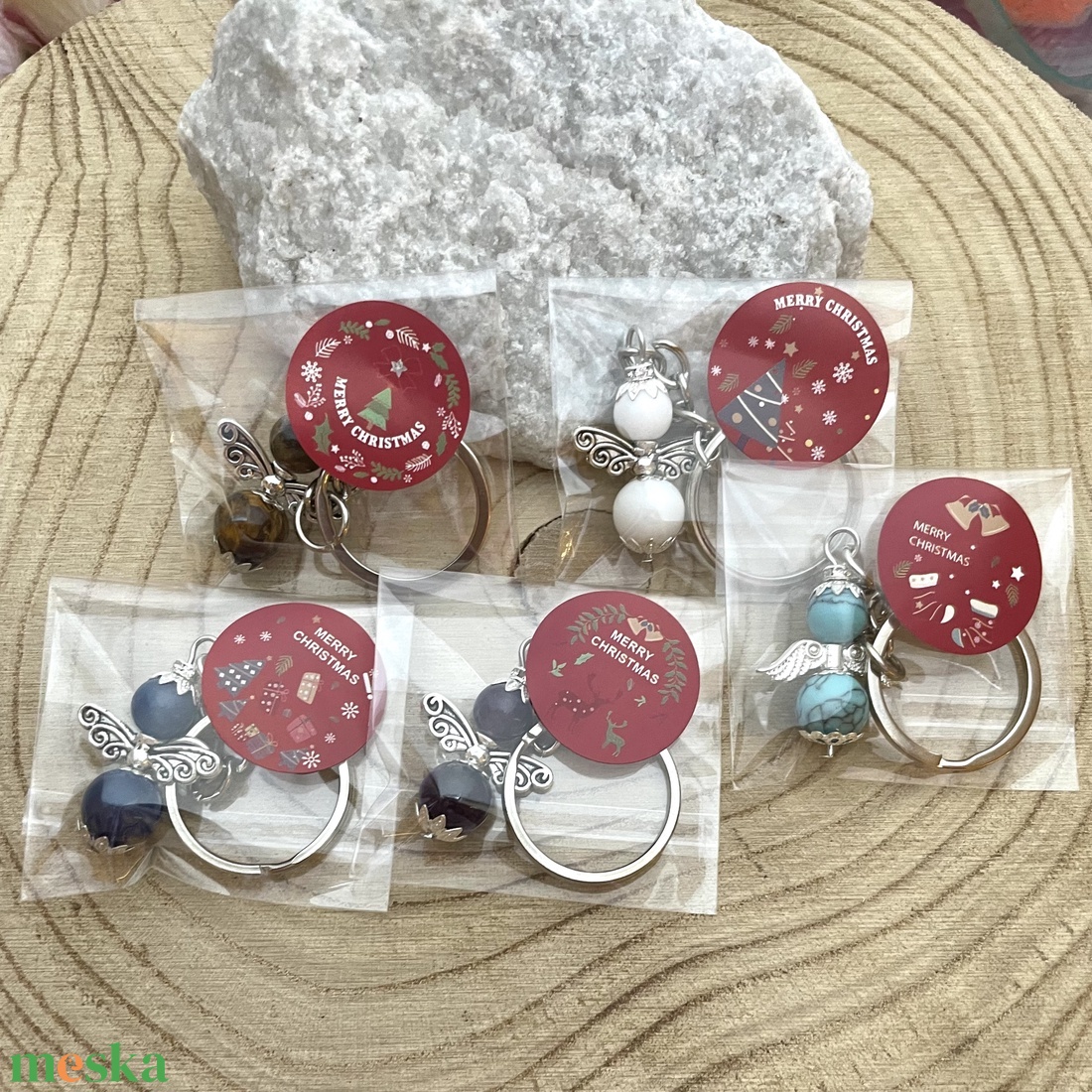 5 darab vegyes ásvány angyal kulcstartó celofánba csomagolva karácsonyi jókívánság felirattal - táska & tok - kulcstartó & táskadísz - kulcstartó - Meska.hu