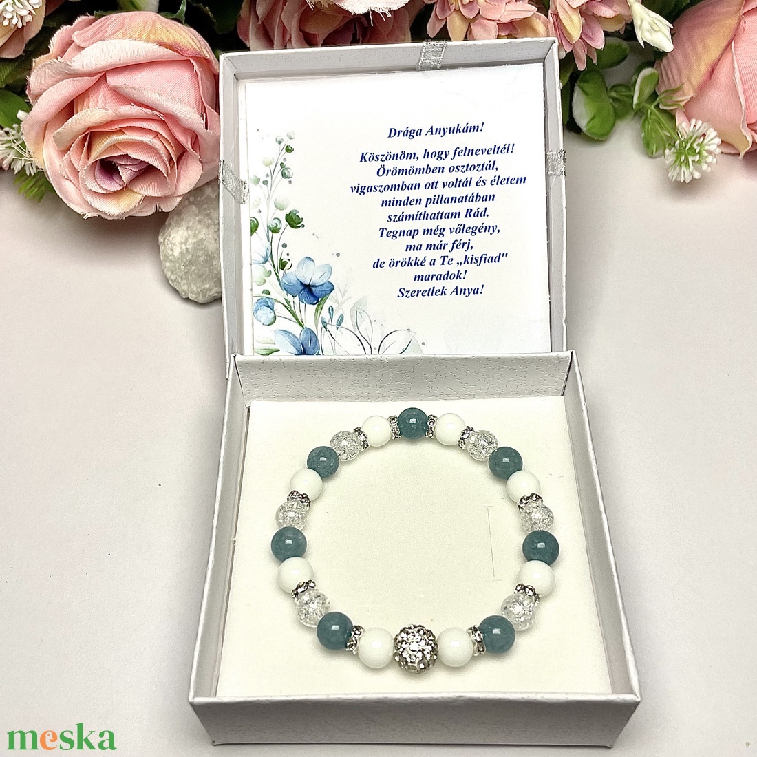 Örömanya szülőköszöntő ajándék ásvány karkötő shamballa dísszel díszdobozban kísérő szöveggel  - esküvő - emlék & ajándék - szülőköszöntő ajándék - Meska.hu