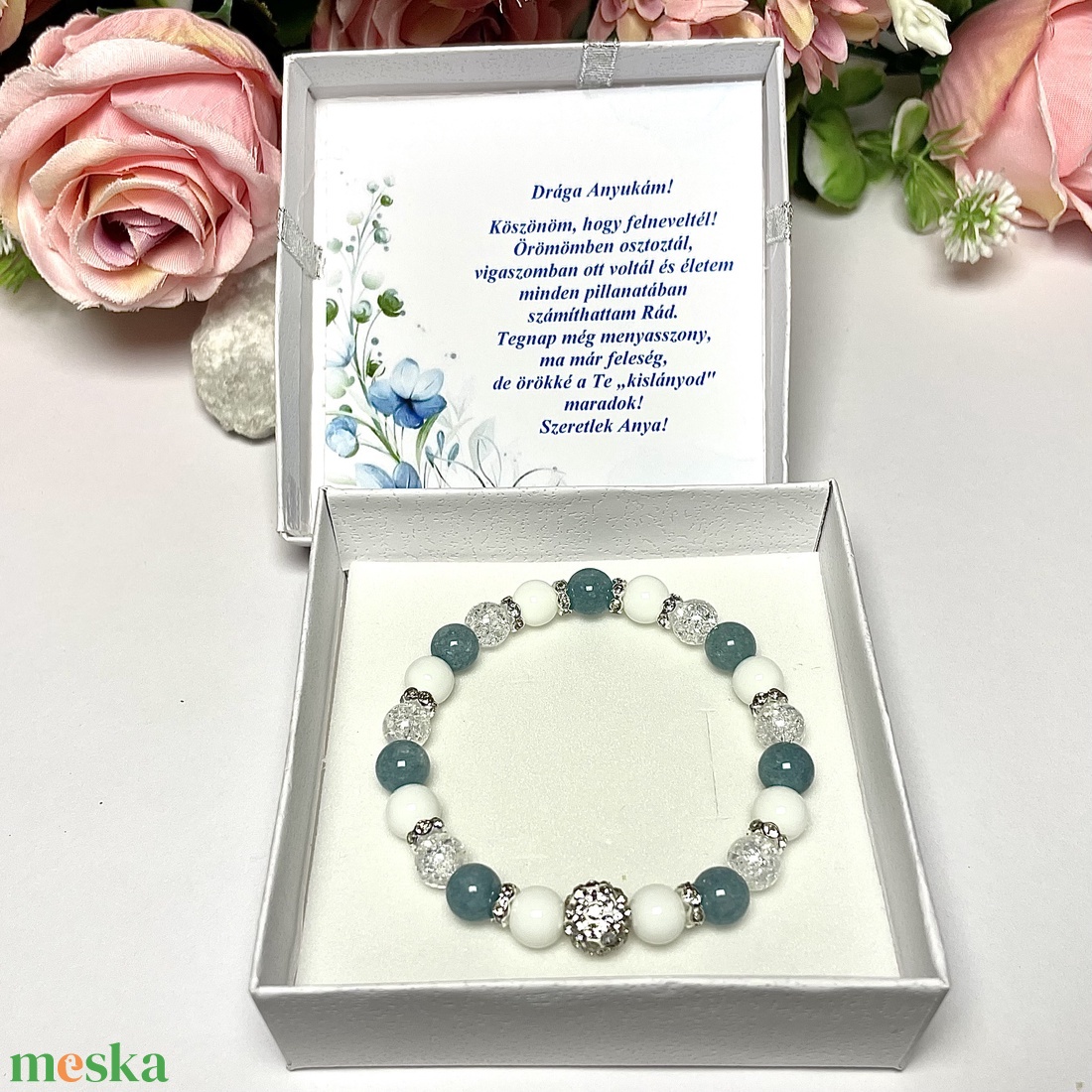 Örömanya szülőköszöntő ajándék ásvány karkötő shamballa dísszel díszdobozban kísérő szöveggel  - esküvő - emlék & ajándék - szülőköszöntő ajándék - Meska.hu