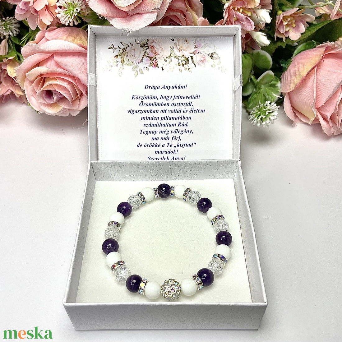 Örömanya szülőköszöntő ajándék lila ametiszt ásvány karkötő shamballa dísszel díszdobozban kísérő szöveggel - esküvő - emlék & ajándék - szülőköszöntő ajándék - Meska.hu