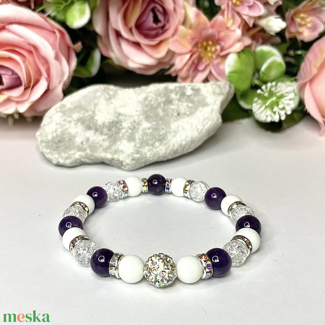Örömanya szülőköszöntő ajándék lila ametiszt ásvány karkötő shamballa dísszel díszdobozban kísérő szöveggel - esküvő - emlék & ajándék - szülőköszöntő ajándék - Meska.hu