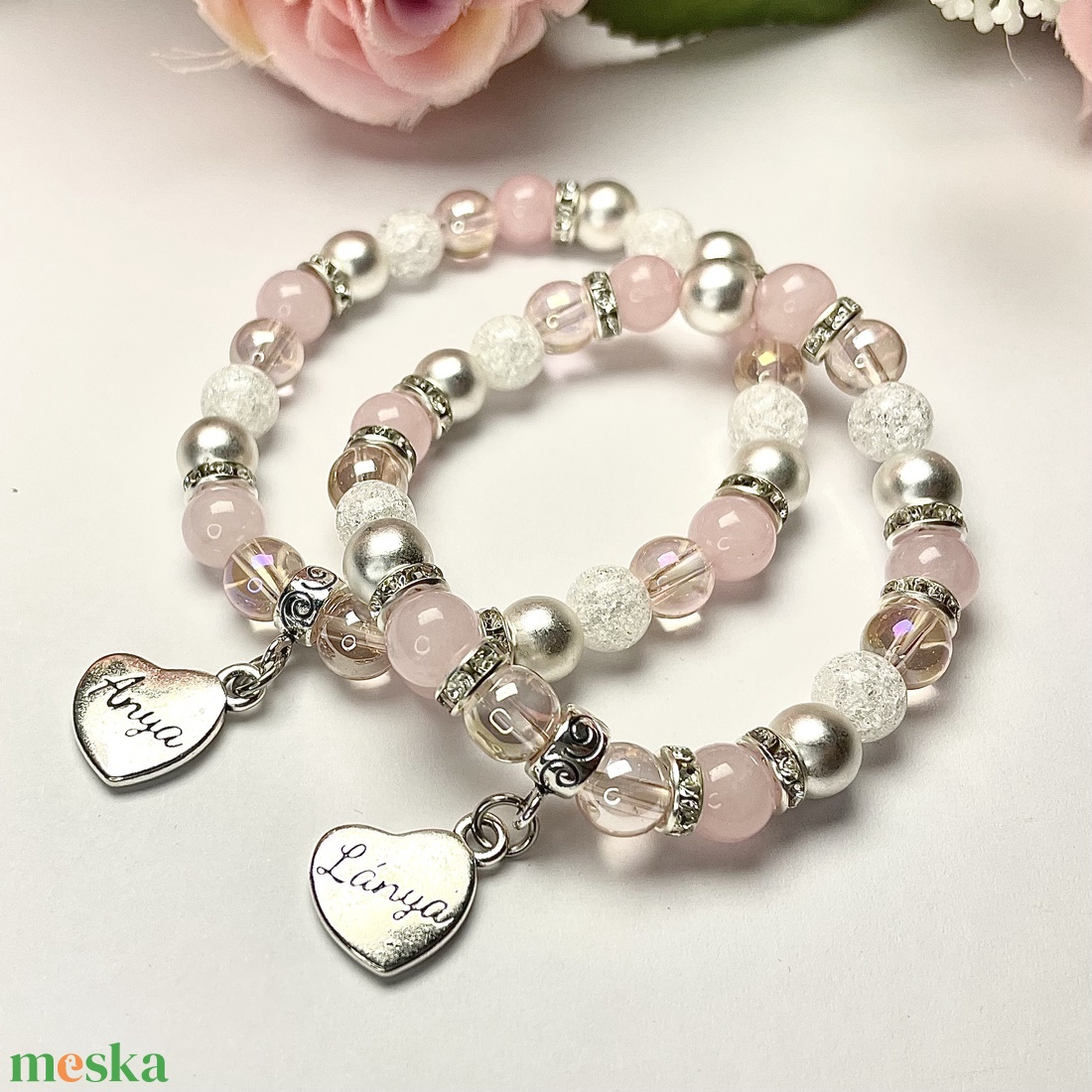 Két darabos Anya Lánya páros ásvány karkötő szett magyar feliratos szív medállal - ruha & divat - páros szett - anya-lánya szett - Meska.hu