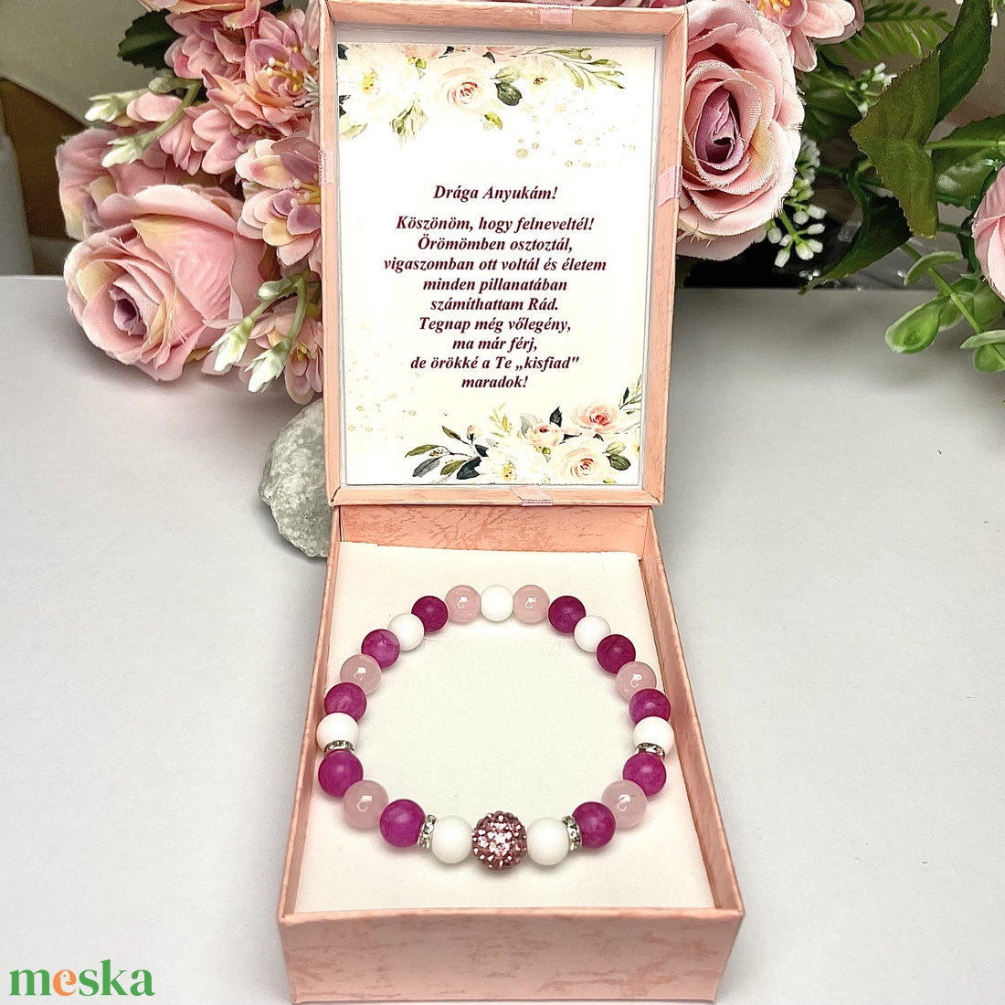 Örömanya szülőköszöntő ajándék ásvány karkötő shamballa dísszel díszdobozban kísérő szöveggel - esküvő - emlék & ajándék - szülőköszöntő ajándék - Meska.hu