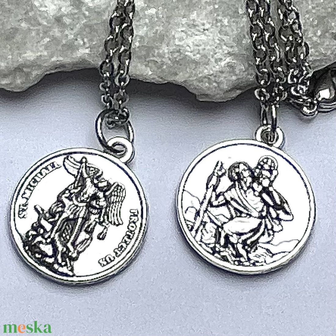 Szent Mihály arkangyal és Szent Kristóf kétoldalas amulett medál talizmán nemesacél kapcsos láncon - ékszer - nyaklánc - medálos nyaklánc - Meska.hu Szent Mihály arkangyal és Szent Kristóf kétoldalas amulett medál talizmán nemesacél kapcsos láncon - ékszer - nyaklánc - medálos nyaklánc - Meska.hu