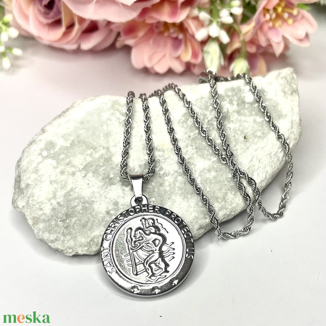 Nemesacél Szent Kristóf nyaklánc amulett medál talizmán nemesacél kapcsos láncon - ékszer - nyaklánc - medálos nyaklánc - Meska.hu