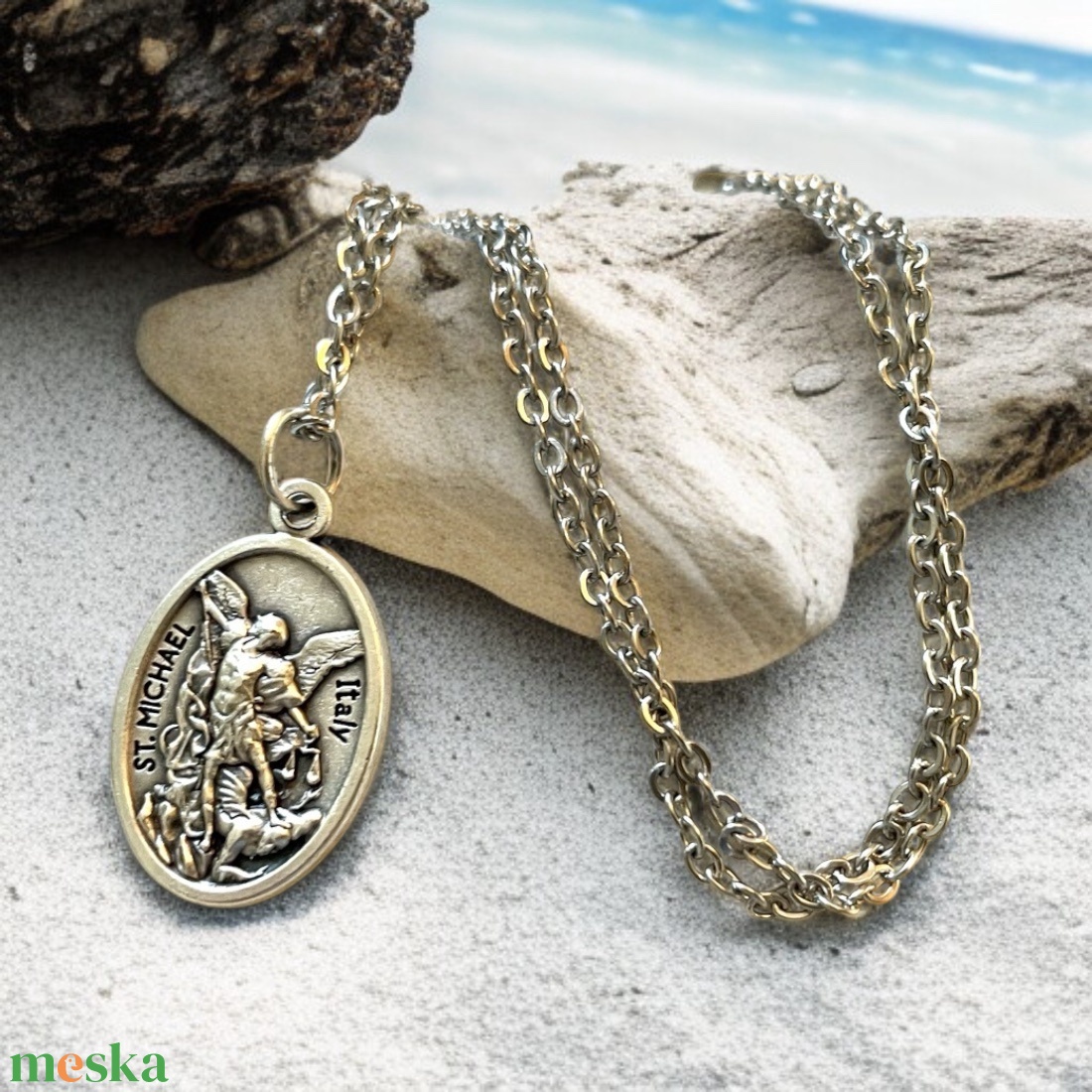 Szent Mihály arkangyal amulett medál talizmán nemesacél kapcsos láncon - ékszer - nyaklánc - medálos nyaklánc - Meska.hu Szent Mihály arkangyal amulett medál talizmán nemesacél kapcsos láncon - ékszer - nyaklánc - medálos nyaklánc - Meska.hu