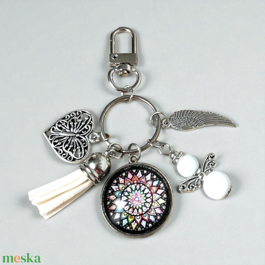 Mandala mintás üveglencsés kulcstartó táskadísz ásvány angyal medállal és charmokkal - táska & tok - kulcstartó & táskadísz - kulcstartó - Meska.hu Mandala mintás üveglencsés kulcstartó táskadísz ásvány angyal medállal és charmokkal - táska & tok - kulcstartó & táskadísz - kulcstartó - Meska.hu