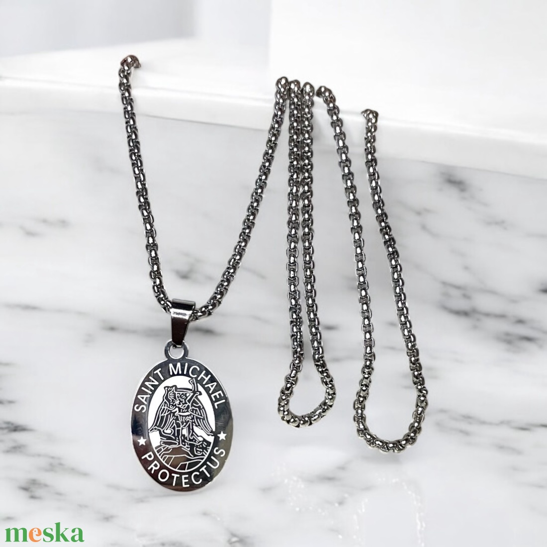 Ezüst színű Mihály arkangyal nemesacél medál védelmező amulett talizmán ezüst színű nemesacél láncon - ékszer - nyaklánc - medálos nyaklánc - Meska.hu Ezüst színű Mihály arkangyal nemesacél medál védelmező amulett talizmán ezüst színű nemesacél láncon - ékszer - nyaklánc - medálos nyaklánc - Meska.hu