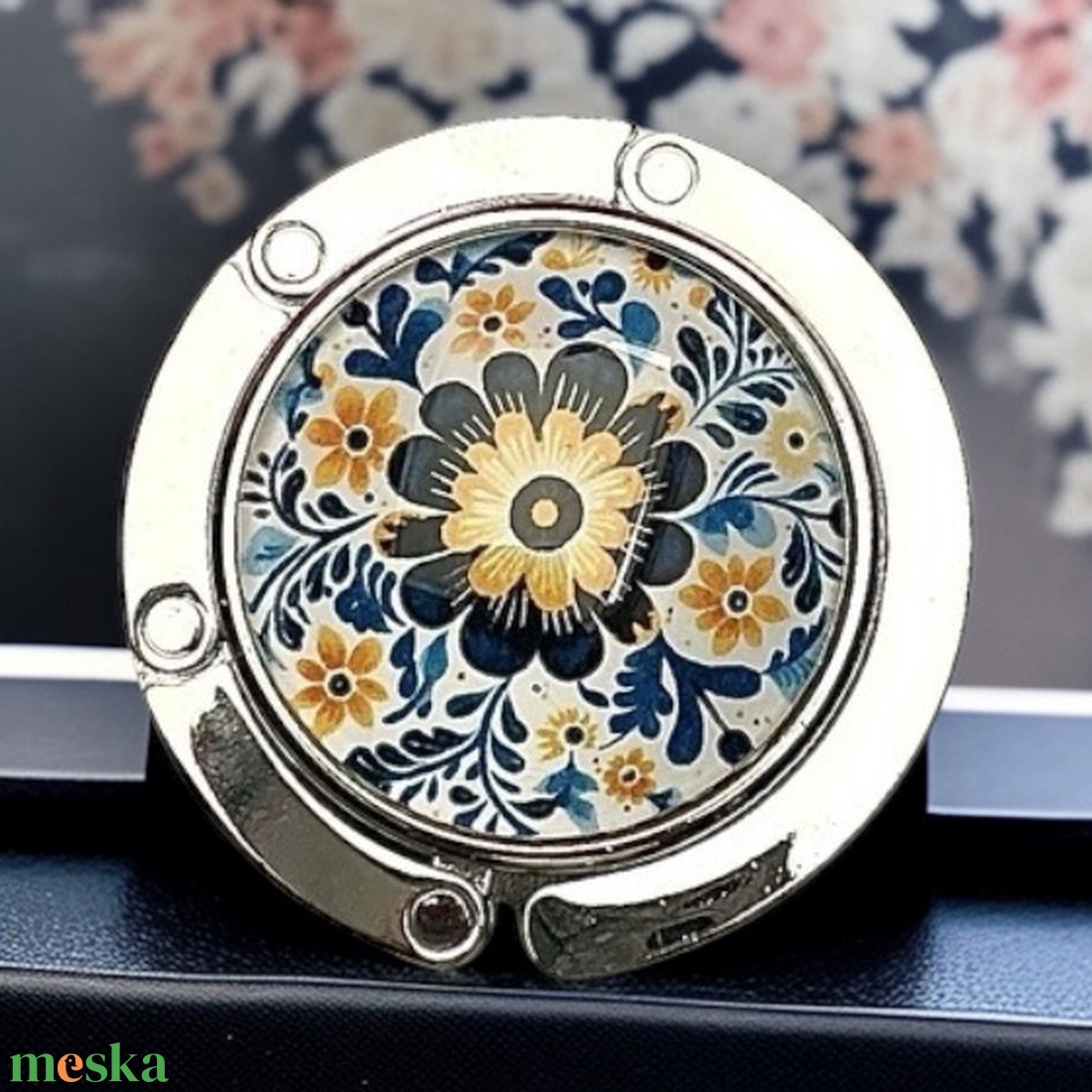 Mandala csempe festett virág mintázatú Üveglencsés Táska Akasztó Táskaakasztó - táska & tok - kulcstartó & táskadísz - táskaakasztó - Meska.hu