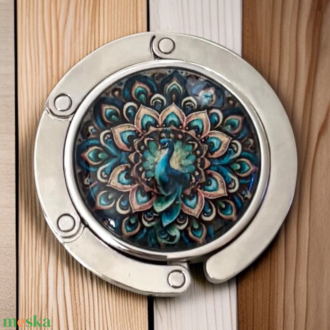 Mandala Virág Páva mintázatú Üveglencsés Táska Akasztó Táskaakasztó 5603847 - táska & tok - kulcstartó & táskadísz - táskaakasztó - Meska.hu