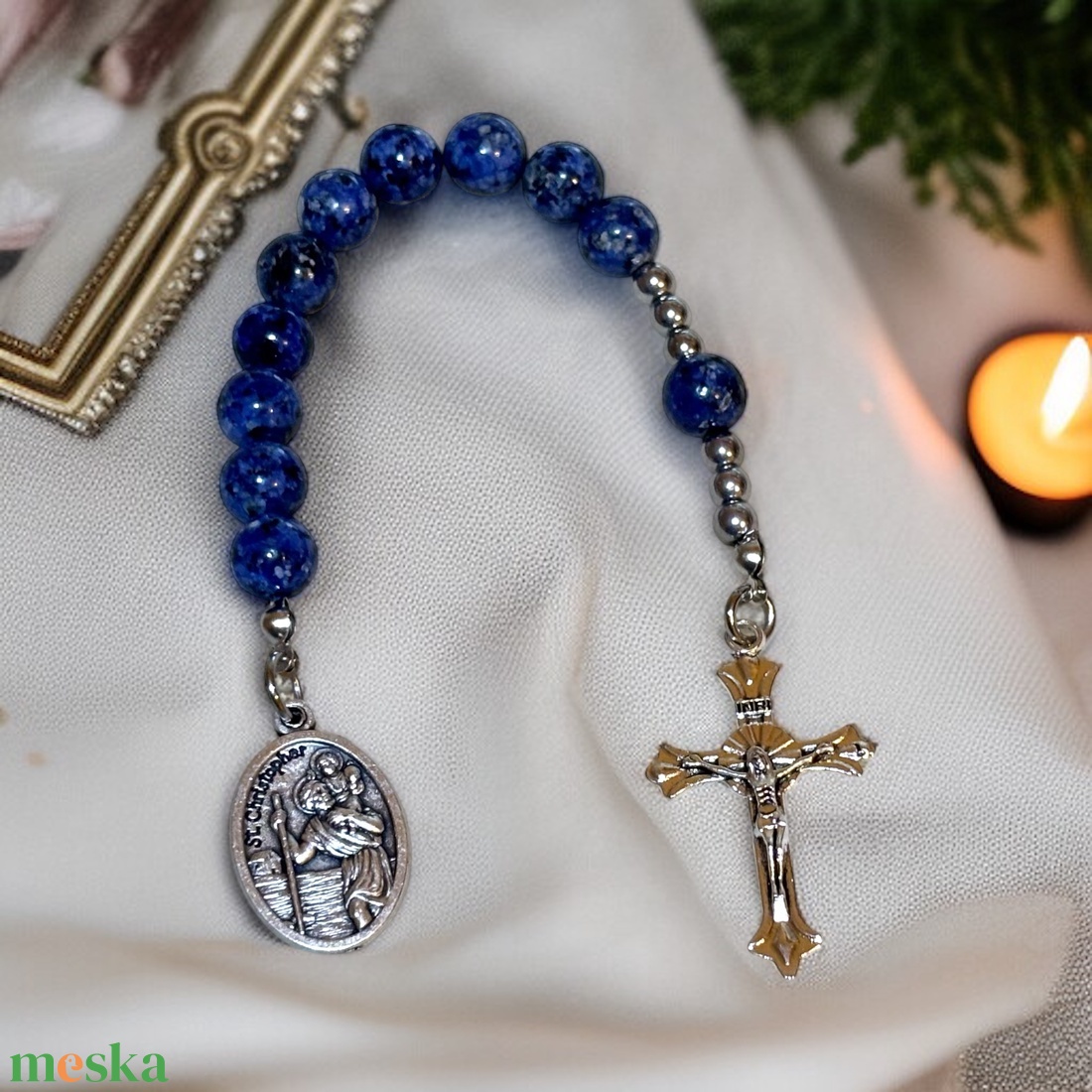 Kék jáspis zseb rózsafüzér Szent Kristóf medállal 5515327 - otthon & életmód - vallás - lánc & füzér - Meska.hu