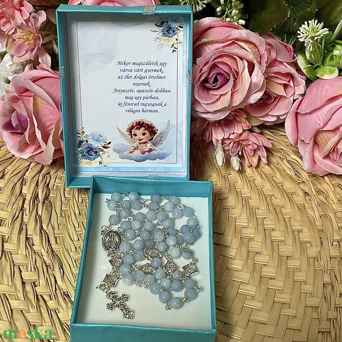 Keresztelő ajándék ásvány öttizedes rózsafüzér díszdobozban kísérő szöveggel fiú gyermeknek  - baba - mama - keresztelő kellékek - keresztelőajándékok - Meska.hu