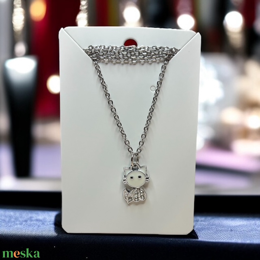 Strasszköves cica medál nemesacél kapcsos láncon  - ékszer - nyaklánc - medálos nyaklánc - Meska.hu