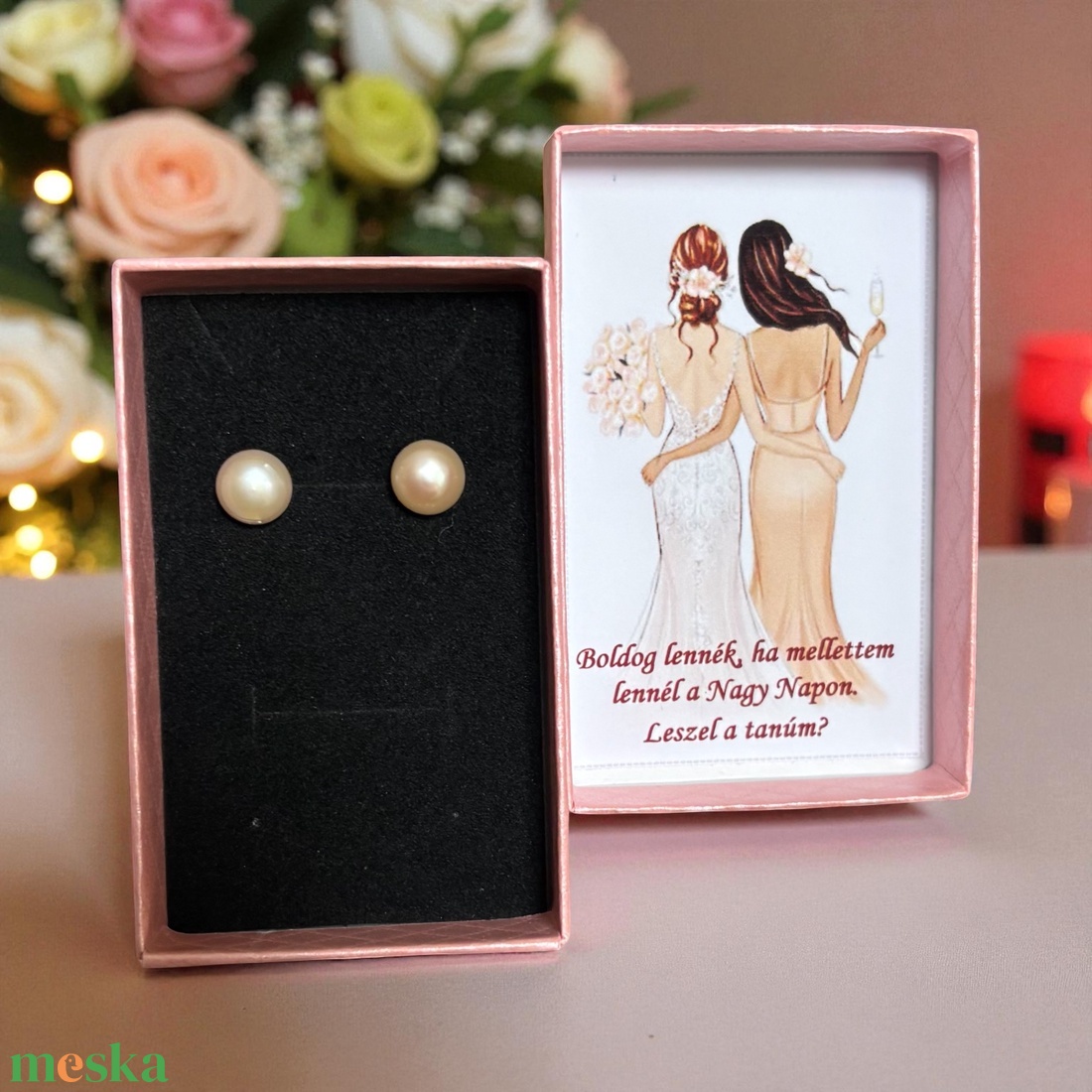 Tanú felkérő ajándék valódi igazgyöngy fülbevaló díszdobozban nude 9 mm 5638419 - esküvő - meghívó & kártya - tanú felkérő - Meska.hu
