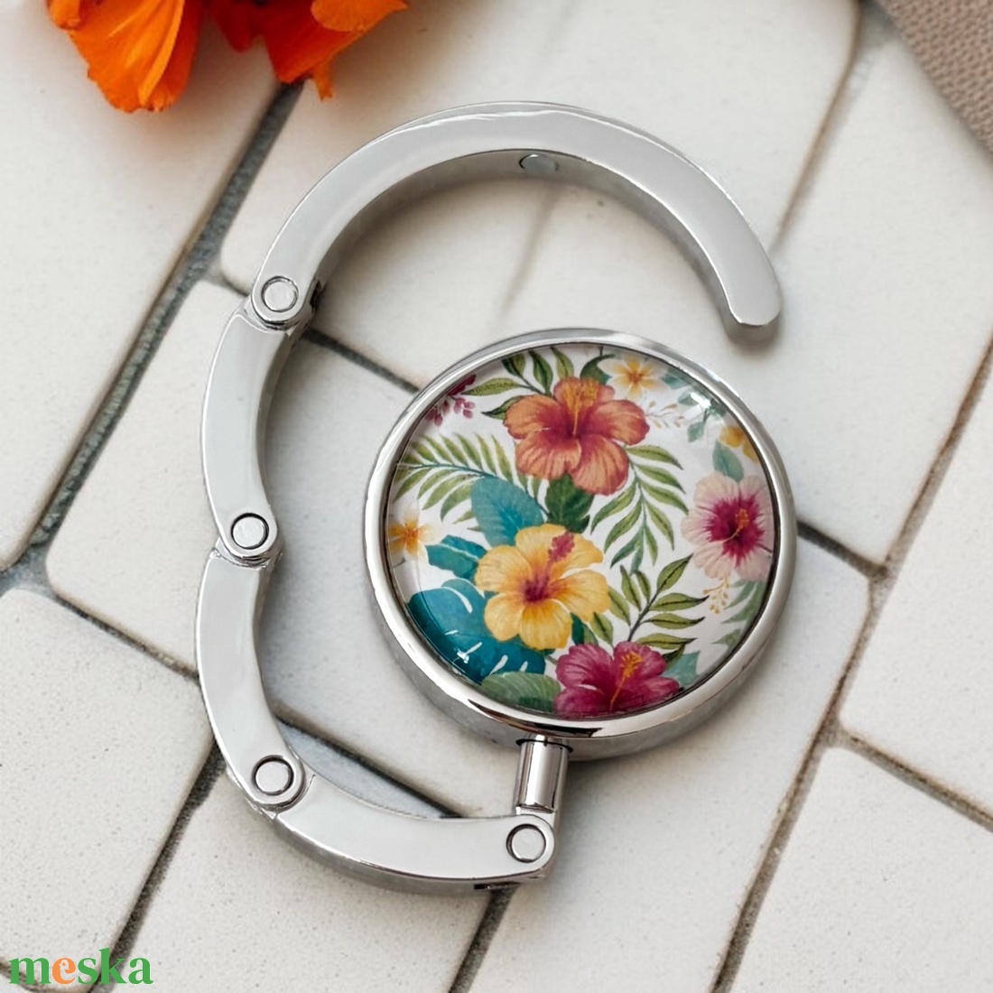 Trópusi Virág mintázatú Üveglencsés Táska Akasztó Táskaakasztó 5518791 - táska & tok - kulcstartó & táskadísz - táskaakasztó - Meska.hu