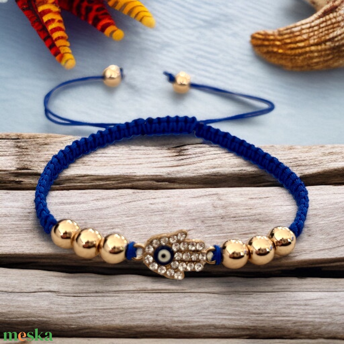 Csomózott makramé állítható méretű védelmező Hamsa kéz karkötő arany színű hematit gyöngyökkel sötétkék 5637352 - ékszer - karkötő - fonott karkötő - Meska.hu
