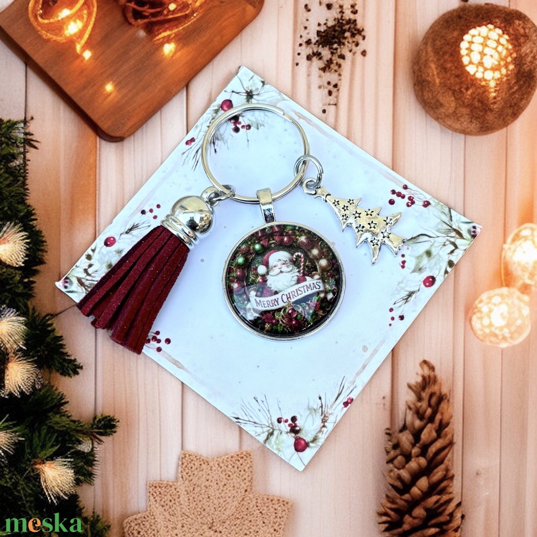 Üveglencsés fém bojtos karécsonyi kulcstartó ajándékozásra kész celofánba csomagolva 5664926 - táska & tok - kulcstartó & táskadísz - kulcstartó - Meska.hu