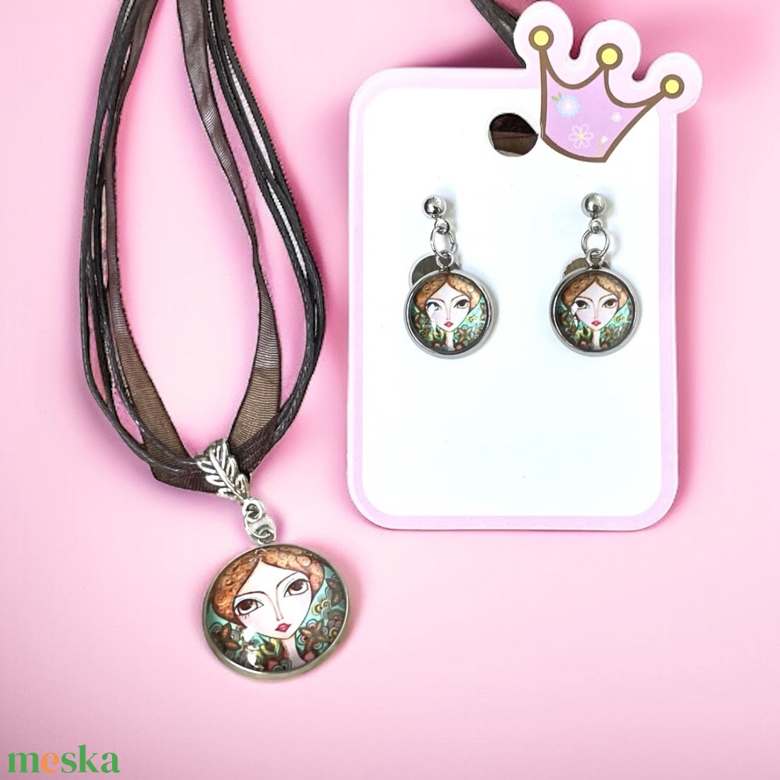 Trendi lány üveglencsés szett nyaklánc és fülbevaló barna - ékszer - ékszerszett - Meska.hu