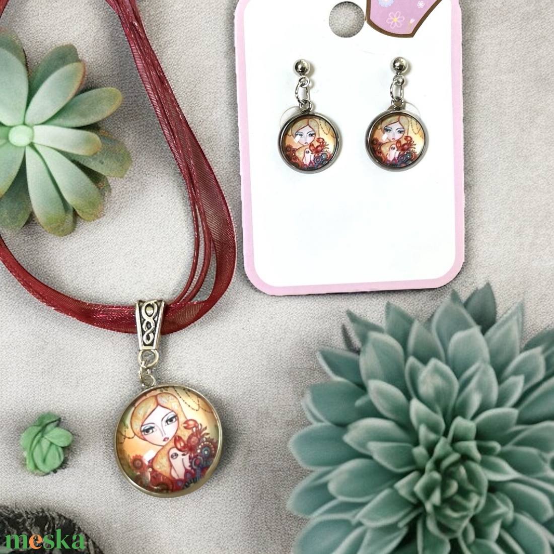 Trendi lány üveglencsés szett nyaklánc és fülbevaló vörös 5664944 - ékszer - ékszerszett - Meska.hu