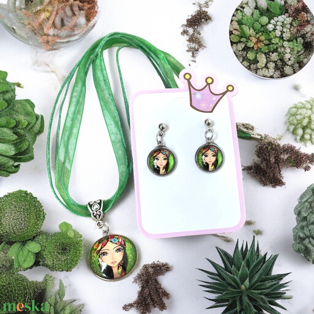 Trendi lány üveglencsés szett nyaklánc és fülbevaló zöld 5664942 - ékszer - ékszerszett - Meska.hu