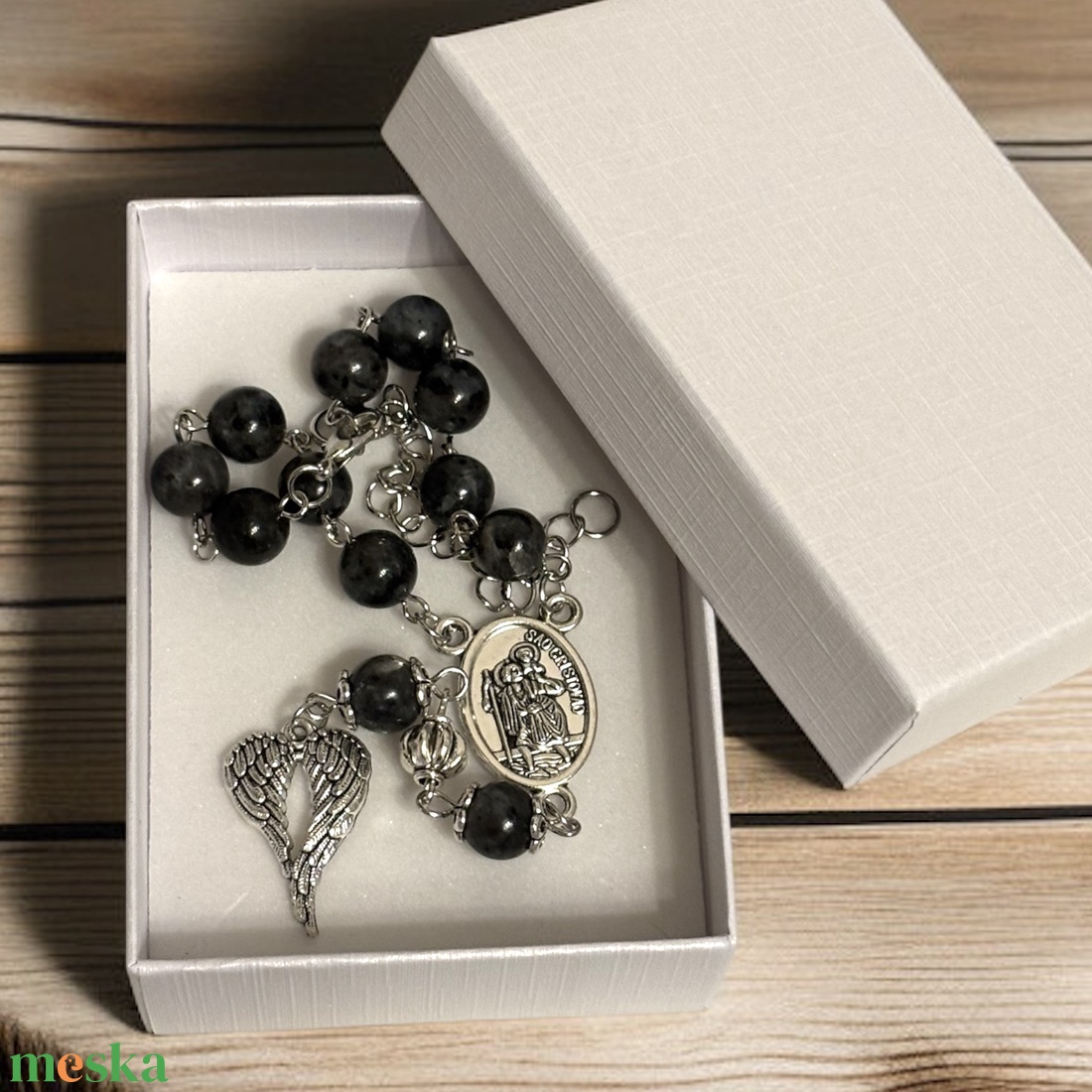 Szent Kristóf védelmező Angyalszárnyas Autós rózsafüzér, tizedes rózsafüzér labradorit ásványokból - otthon & életmód - vallás - lánc & füzér - Meska.hu