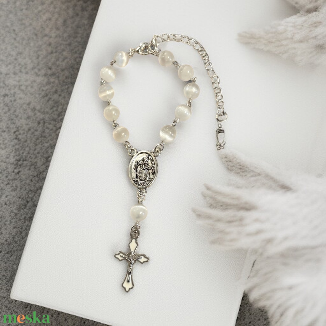 Autós rózsafüzér, tizedes rózsafüzér szelenit ásványból Szent Kristóf medállal RENDELÉSRE - otthon & életmód - vallás - lánc & füzér - Meska.hu