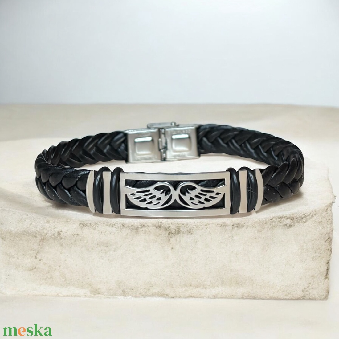 Nemesacél férfi karkötő páros angyalszárny mintával fekete fonott 5673990 - esküvő - ékszer - karkötő & csuklódísz - Meska.hu