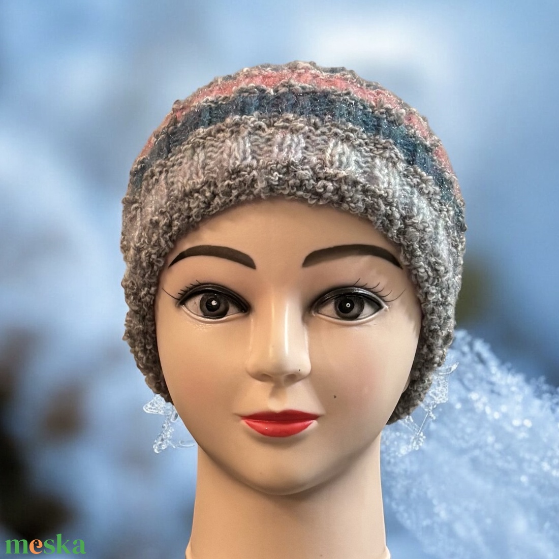 Kézzel kötött csíkos mintás női slouchy sapka egyedi darab - ruha & divat - sál, sapka, kendő - sapka - Meska.hu