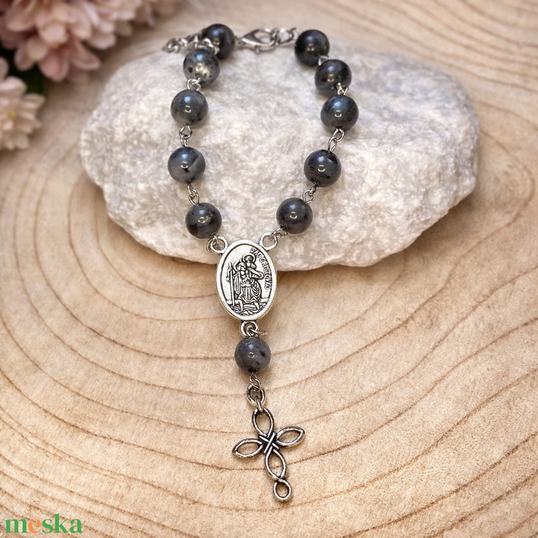 Szent Kristóf autós rózsafüzér, tizedes rózsafüzér labradorit ásványból 5366049 - otthon & életmód - vallás - lánc & füzér - Meska.hu