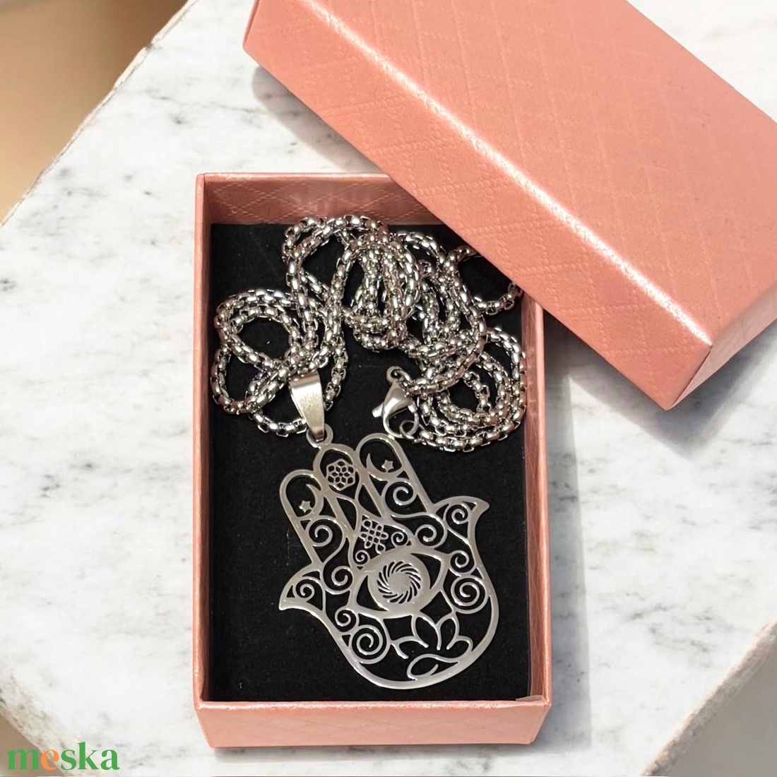 Nenesacél Hamsa kéz nyaklánc ajándékdobozzal  - ékszer - nyaklánc - medálos nyaklánc - Meska.hu