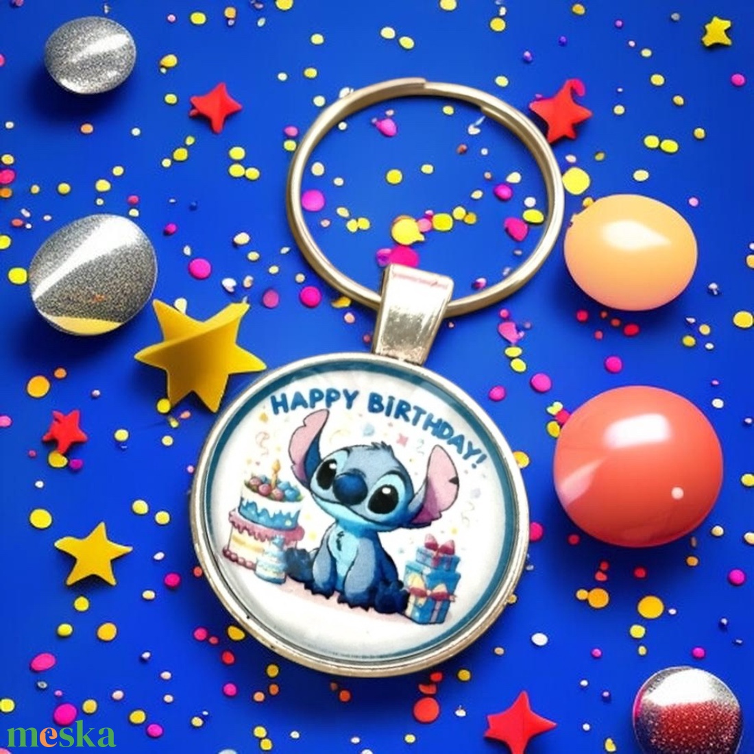 Üveglencsés fém kulcstartó - Stitch Happy Birthday Születésnap - táska & tok - kulcstartó & táskadísz - kulcstartó - Meska.hu