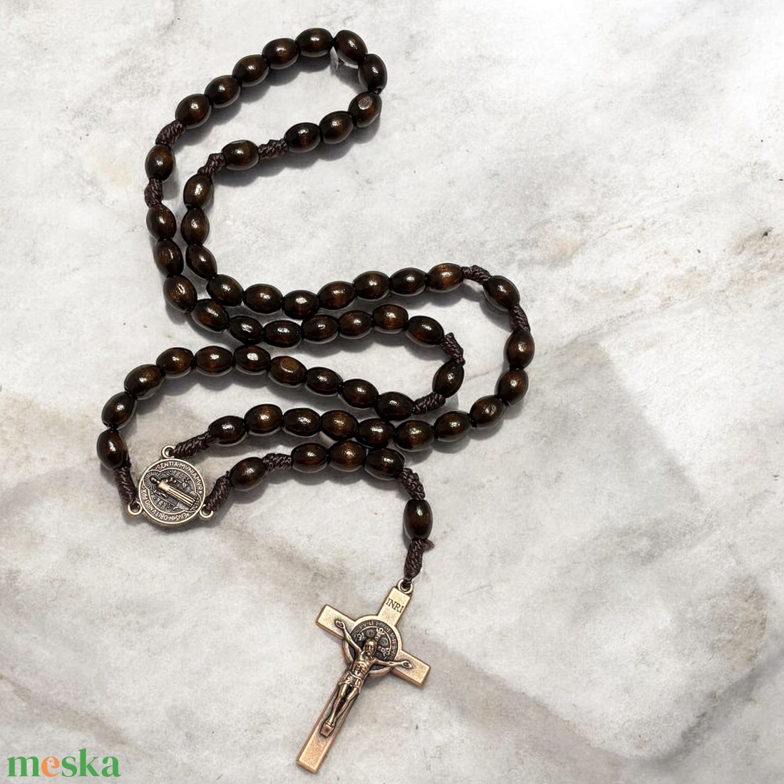 Fa rózsafüzér ovális fa gyöngyökből sötétbarna  - otthon & életmód - vallás - lánc & füzér - Meska.hu
