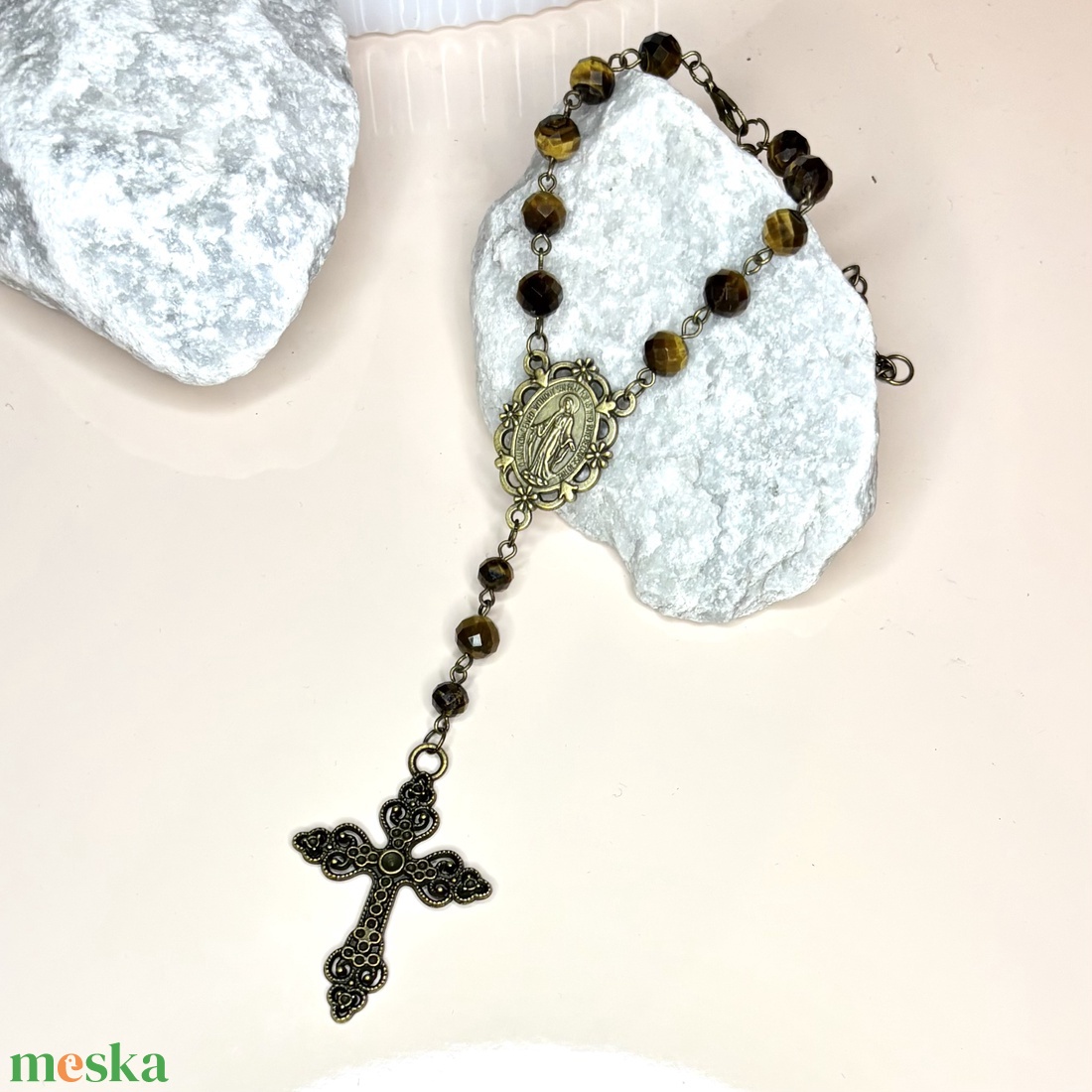 Fazettált tigrisszem autós rózsafüzér, tizedes rózsafüzér bronz - otthon & életmód - vallás - lánc & füzér - Meska.hu