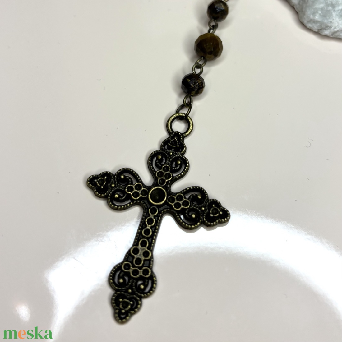 Fazettált tigrisszem autós rózsafüzér, tizedes rózsafüzér bronz - otthon & életmód - vallás - lánc & füzér - Meska.hu