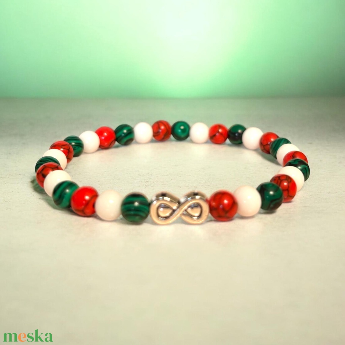 Magyar nemzeti színű ásvány karkötő ezüst színű végtelen jel medállal 16 - ékszer - karkötő - ásványkarkötő - Meska.hu