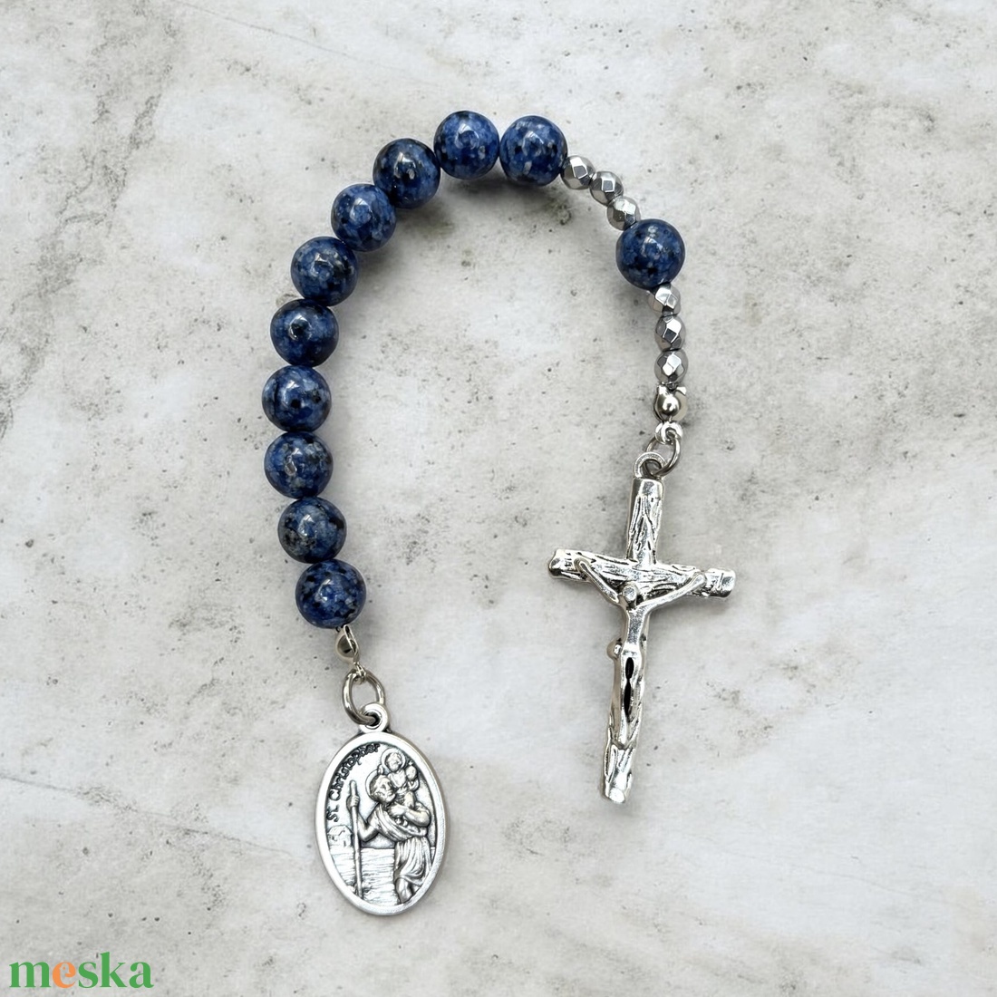Kék jáspis zseb rózsafüzér Szent Kristóf medállal  - otthon & életmód - vallás - lánc & füzér - Meska.hu