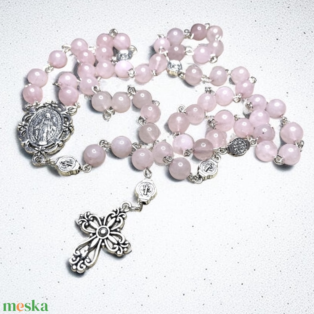 Rózsakvarc rózsafüzér keresztelő ajándék ajándékdobozzal  - otthon & életmód - vallás - lánc & füzér - Meska.hu