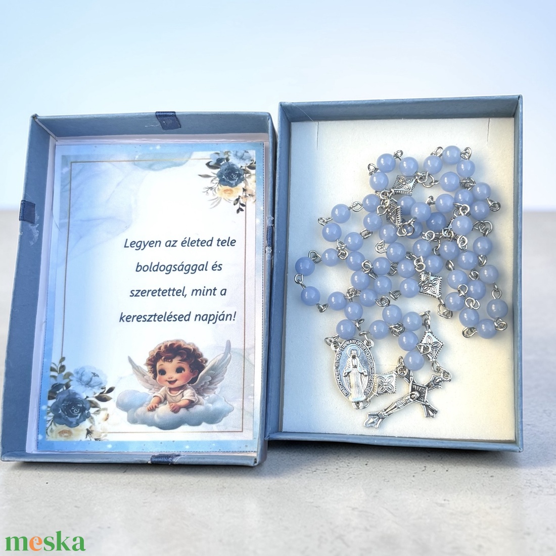 Keresztelő ajándék sötétben világító ásvány öttizedes rózsafüzér díszdobozban kísérő szöveggel fiú gyermeknek - baba - mama - keresztelő kellékek - keresztelőajándékok - Meska.hu