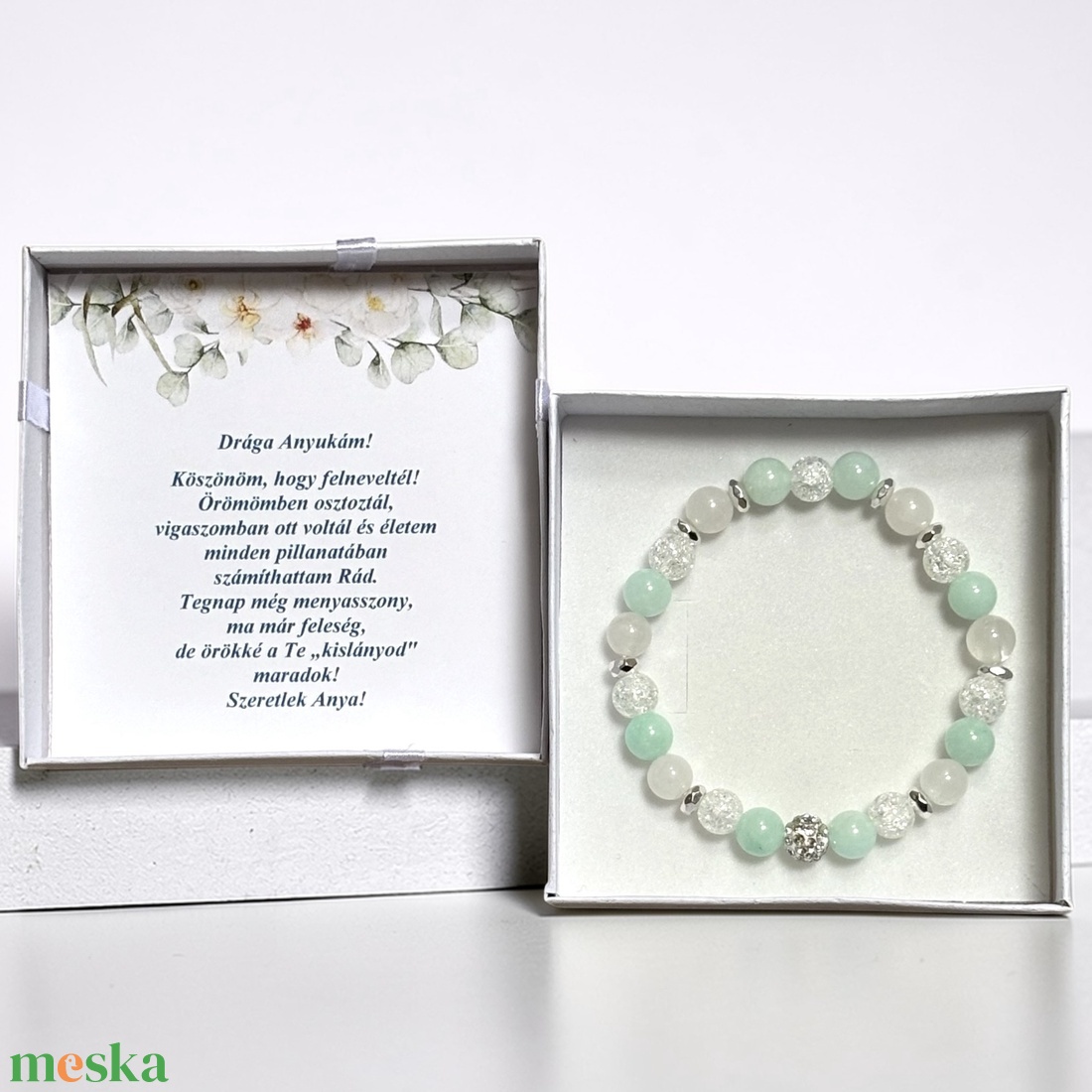 Örömanya szülőköszöntő ajándék ásvány karkötő shamballa dísszel díszdobozban kísérő szöveggel menta - esküvő - emlék & ajándék - szülőköszöntő ajándék - Meska.hu