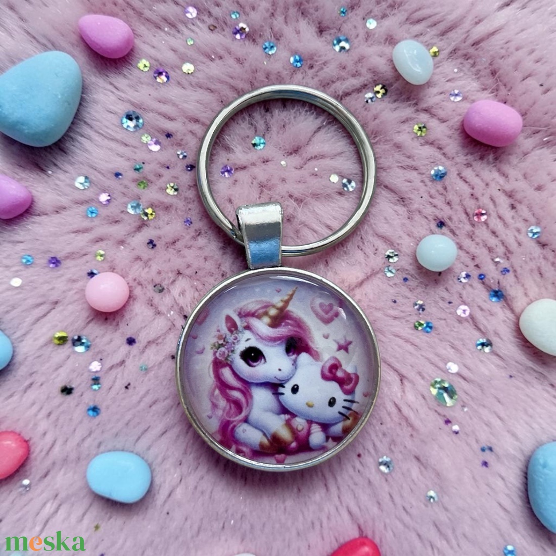 Üveglencsés fém kulcstartó - Unikornis Hello Kitty - táska & tok - kulcstartó & táskadísz - kulcstartó - Meska.hu