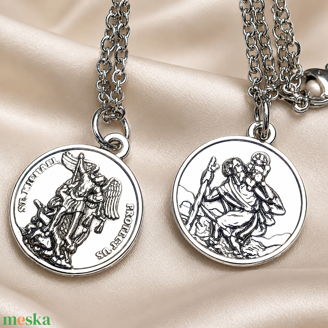 Szent Mihály arkangyal és Szent Kristóf kétoldalas amulett medál talizmán nemesacél kapcsos láncon 5726777 - ékszer - nyaklánc - medálos nyaklánc - Meska.hu