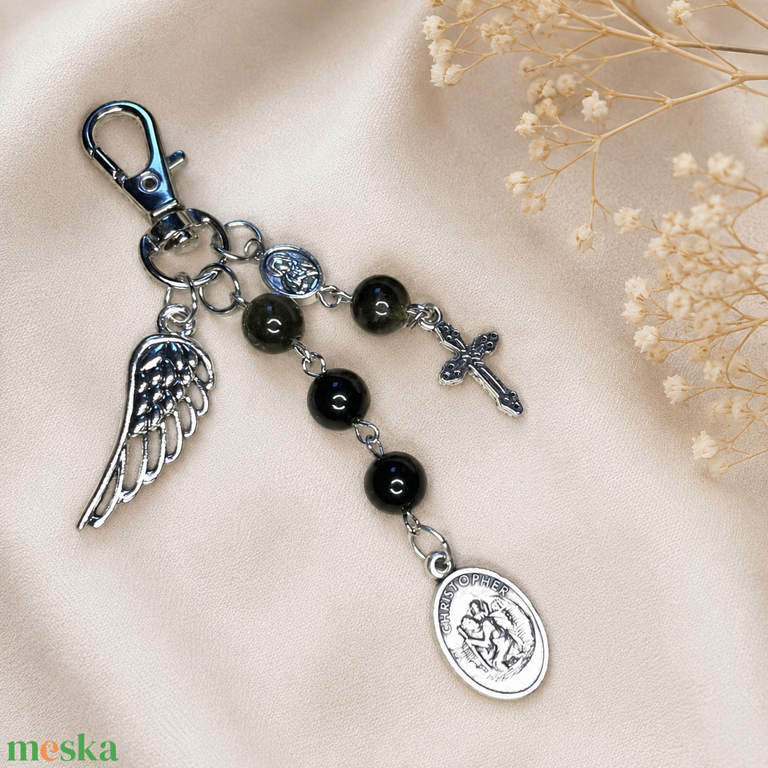 Szent Kristóf védelmező amulett kulcstartó táskadísz ezüst obszidián ásványgyöngyökből - táska & tok - kulcstartó & táskadísz - táskadísz - Meska.hu
