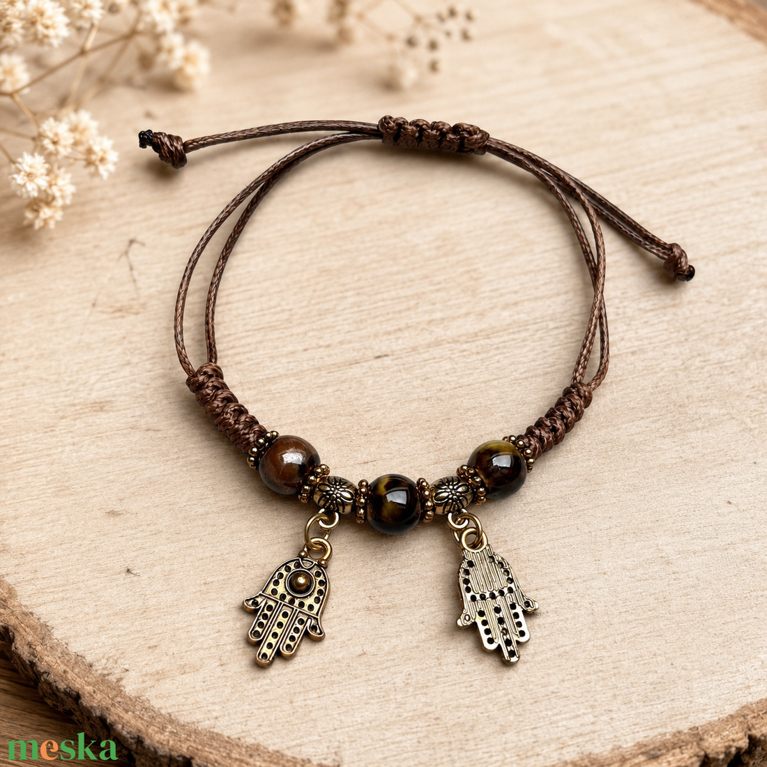 Csomózott makramé állítható méretű védelmező karkötő hamsa kéz charm - ékszer - karkötő - fonott karkötő - Meska.hu